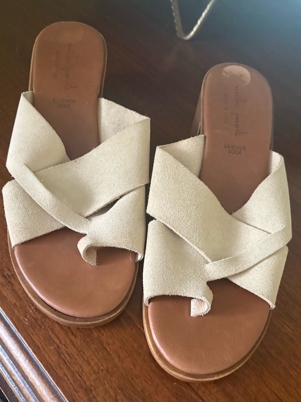 Mila PAOLI Women’s Cream Suede Crisscross Slide Sandals